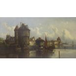 By T*C* Gessnitzer (19th century) - Dutch canal scene with boats, buildings and women etc, signed,