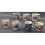 Pratt Ware - seven assorted mugs including a twin-handled mug depicting smokers and passing the pipe