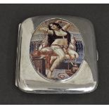 Early 20th century silver cigarette case with later applied enamel of a nude, enclosing a gilded