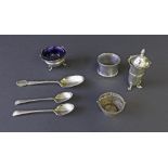 Mixed lot of silver to include matching pepper and salt, three various small spoons to include one