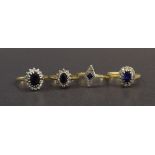 18ct sapphire and diamond cluster ring; also three other cluster rings including sapphire and