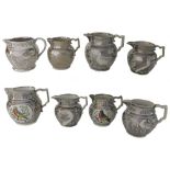 Eight assorted pearlware silver lustre jugs, each with various resist bird designs (mostly a.f) (8)