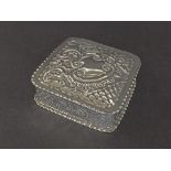 1920s silver square trinket box, embossed with scrolled cartouche and diaper bands, maker TH