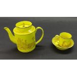 Montereau Pottery canary yellow ground teapot and cover with transfer printed decoration, 5.25"