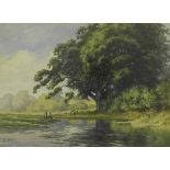 By H Callen (19th-20th century) - two figures on a river bank, signed, watercolour, 10" x 13.5",