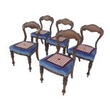 Set of five Victorian mahogany balloon back dining chairs with stuffover serpentine woolwork seats