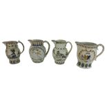 Four late 18th/19th century Pratt Ware relief decorated jugs, one depicting Admiral Duncan, each