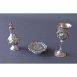 Victorian silver three piece travelling communion set comprising chalice, paten and ewer, all with