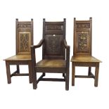Set of three carved oak dining chairs by George Vincent Jeffreys, to include one carver, each with
