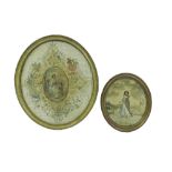 19th century silkwork oval study, centrally decorated with a panel of a young girl and boy loading a