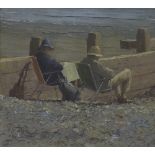 By Dennis Syrett (born 1932) - deckchairs on the beach, signed and dated 1979, oil on canvas, 9" x