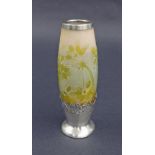 Attractive cameo overlaid glass vase in the manner of Galle, the white metal rim and base embossed