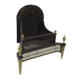 Cast iron and brass fire grate, the raised back embossed with a campagna urn, the frieze pierced