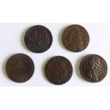 Group of five Middlesex halfpenny tokens to include a 1795 Chelsea halfpenny, Lad Lane Mail Coach