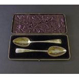 George III Scottish cased pair of silver serving spoons, with gilded and engraved bowls, maker