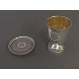 Early Victorian/late William IV travelling communion cup and paten, each engraved with the IHS