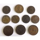 Group of ten Warwickshire halfpenny and penny tokens to include 1792 Birmingham Mining Company