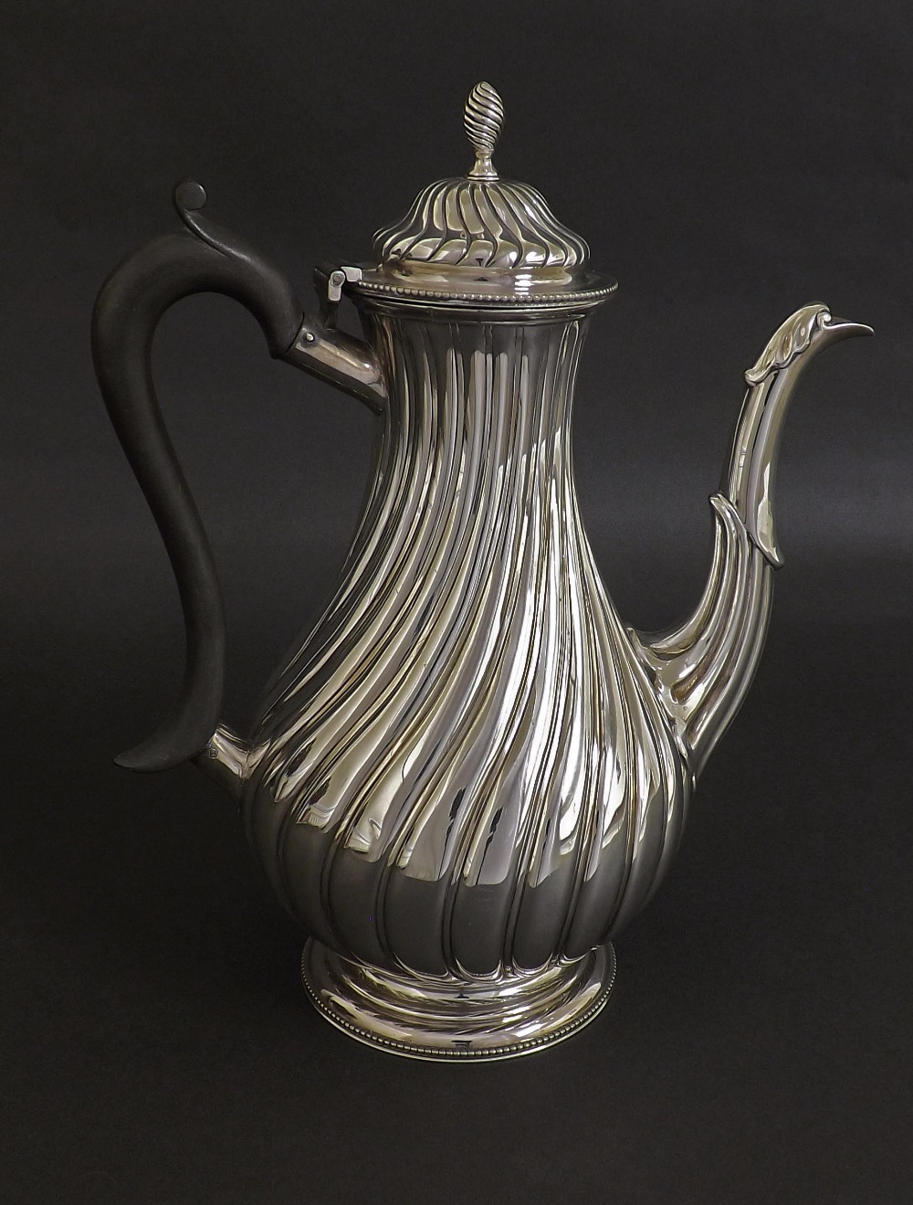 Antique silver plated wrythen fluted coffee pot, 11" high