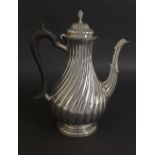 Antique silver plated wrythen fluted coffee pot, 11" high