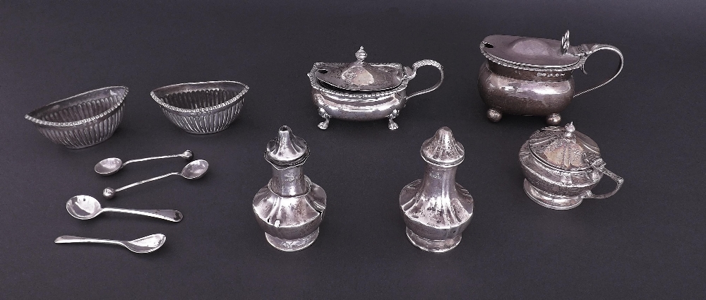 Collection of various silver cruet items to include salts, mustards, spoons etc, 10oz approx (11)