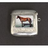 Early 20th century silver vesta case with later applied enamel of a horse, maker C & C, Chester