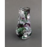 Art glass shaped spill vase with mottled amethyst and green swirls, 7.5" high