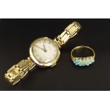 15ct turquoise ring, 2.1gm (a.f); with a 9ct Parex lady's wristwatch with a plated bracelet, 24mm (