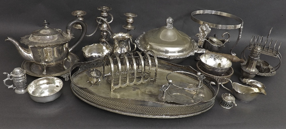 Large collection of silver plate to include three branch candelabra, warming pan with turned