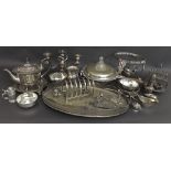 Large collection of silver plate to include three branch candelabra, warming pan with turned