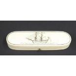 Antique ivory and gold pique work oval toothpick holder, the lid decorated with a two-mast schooner,