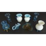 Collection of 19th century blue and vaseline glassware to include four vases, two jugs, basket and