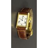 (539826-1-A) Must De Cartier silver gilt tank strap watch, ref. 2415, no. 101299PL, brown leather