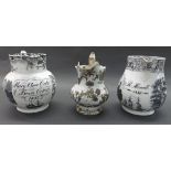 Large 19th century black and white transfer printed jug named 'Mary Ann Cole born Oct 3rd 1837',