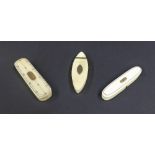 Three 19th century ivory toothpick holders, one inlaid with gold pique work, the other with gold