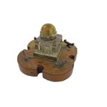 Glass and brass Betjemann's inkwell upon a lobed fruitwood stand, 6" wide