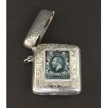 Early 20th century silver vesta case with later applied enamel on a half penny stamp, maker JR,