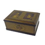 Interesting penwork inlaid box, the top printed with a portraits of a moustached gentleman and his