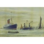 By Ernest W* Baker (early 20th century) - study of various boats and ships not far from port, signed