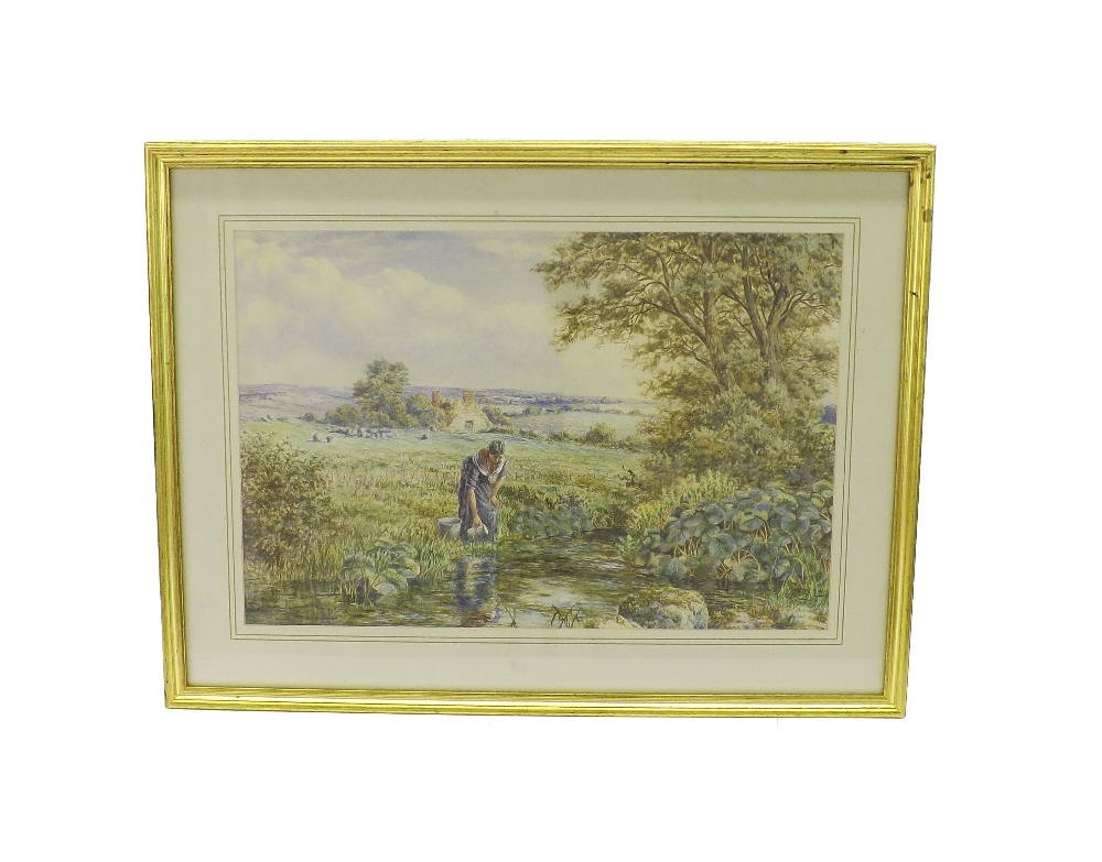 19th Century School - country landscape depicting a lady at a stream with cattle beyond, - Image 2 of 2