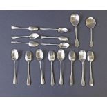 Matched set of eight silver rat tail teaspoons; together with six various rat tail coffee spoons and