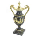 Impressive Continental green veined marble and ormolu campagna urn, with ornate handles and