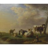 By Jean Baptiste Berre (1777-1838, Belgian) - study of a boy fishing with cattle and sheep at his