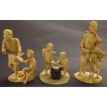 Three Japanese ivory okimono groups, each modelled with two figures in various recreational