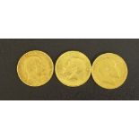 Three half sovereign coins, 1905, 1906, 1913 (3)