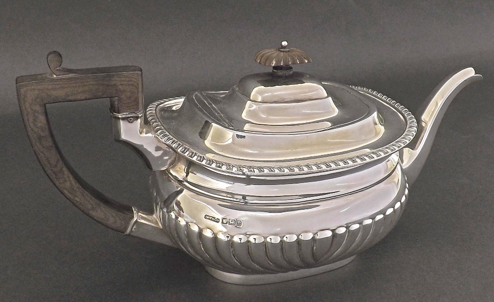 Early 20th century silver half fluted boat shaped teapot, maker HP & Co., Sheffield 1911, 12"