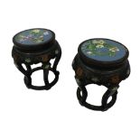 Pair of Chinese lacquered jardiniere stands, the tops inset with circular cloisonne discs, each with