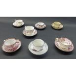 Collection of seven early 19th century pink lustre teacups and saucers including landscape and
