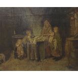 By Mark William Langlois (fl. 1862-1873) - interior study of a family around a stove, monogrammed