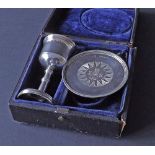 Victorian cased travelling communion silver chalice and paten, the chalice with gilded interior,