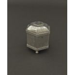 Dutch silver plated lidded wedding box of hexagonal form, the domed lid engraved with two hands